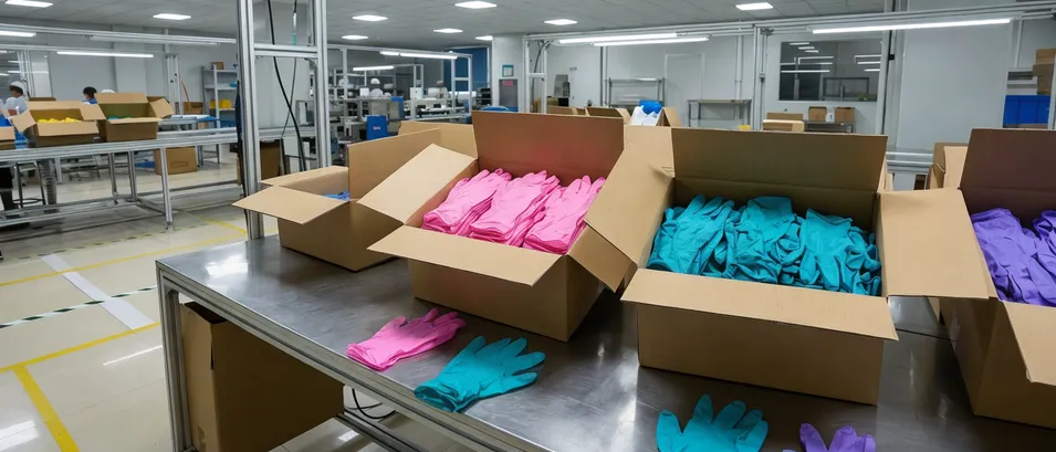 Pink and teal nitrile gloves for beauty and aesthetics supply