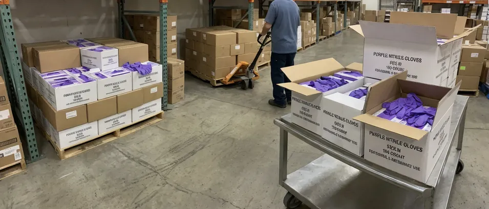 Purple nitrile gloves for dental and veterinary distribution