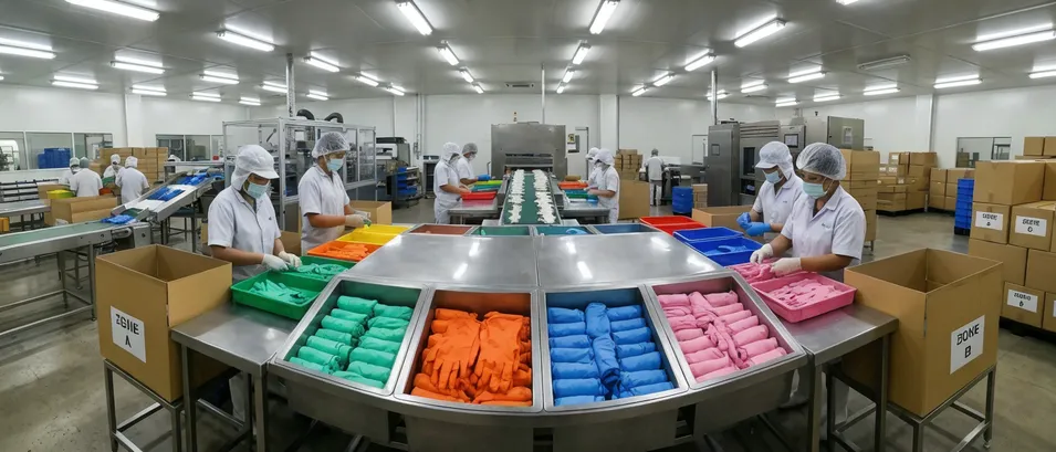 Color-coded nitrile gloves for HACCP food processing programs