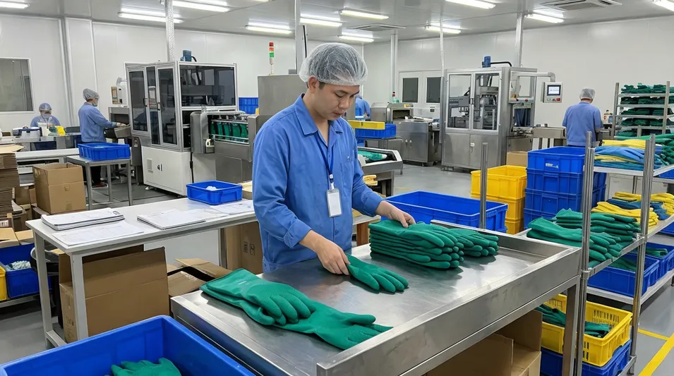 Green industrial nitrile gloves heavy gauge for chemical processing and automotive assembly