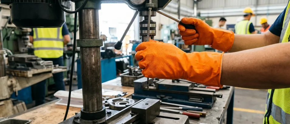 Orange high-visibility nitrile gloves for industrial safety programs