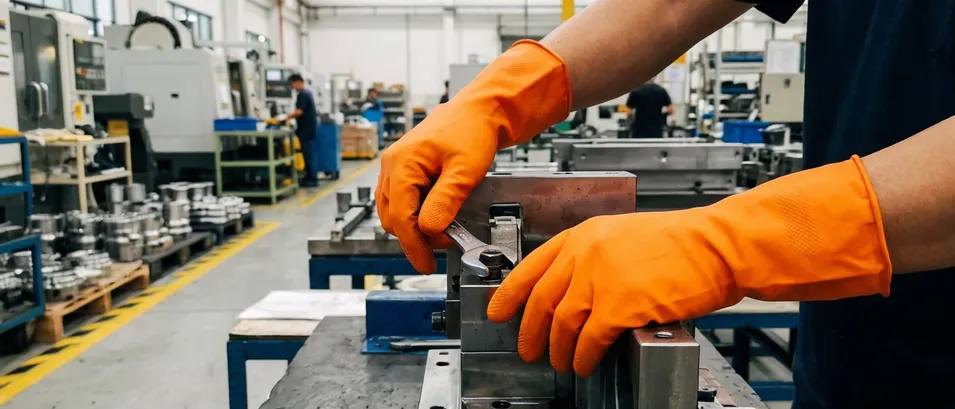 Orange industrial nitrile gloves high-visibility for construction and manufacturing safety programs