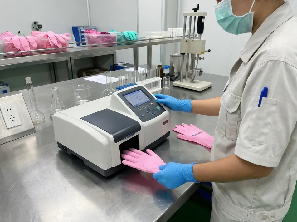 Spectrophotometer color consistency testing for nitrile glove production runs