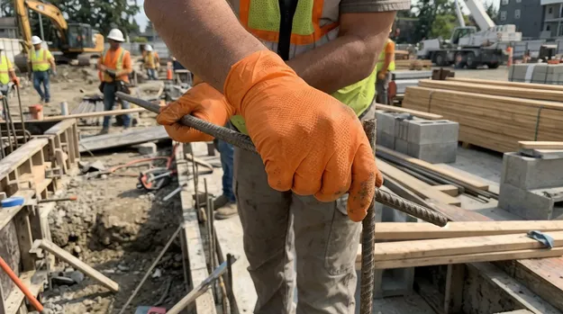 Orange nitrile gloves used on active construction site