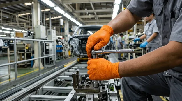 Orange gloves used in automotive assembly MRO task segregation