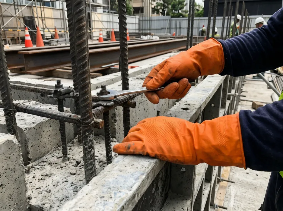 Orange nitrile gloves on construction site — high-visibility against concrete and steel surfaces