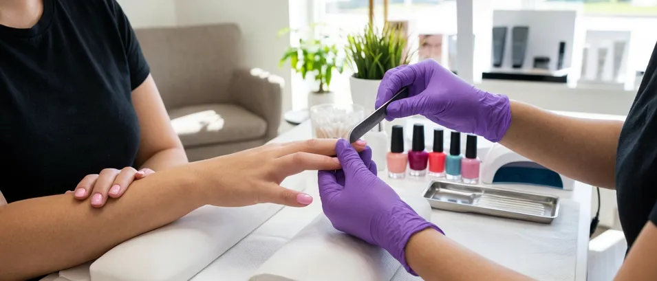 Purple nitrile gloves in nail salon and beauty studio setting