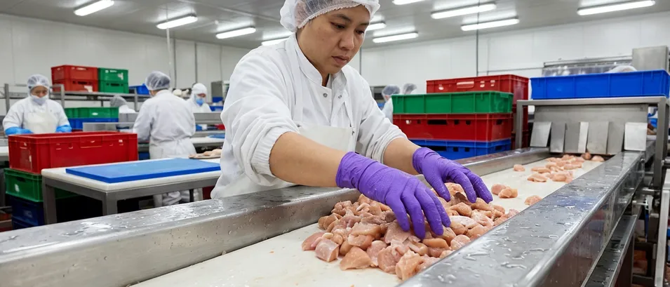 Purple nitrile gloves in food processing HACCP color-coded program