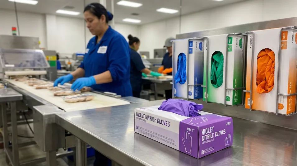 Violet nitrile gloves in multi-color HACCP and industrial safety color-coding program