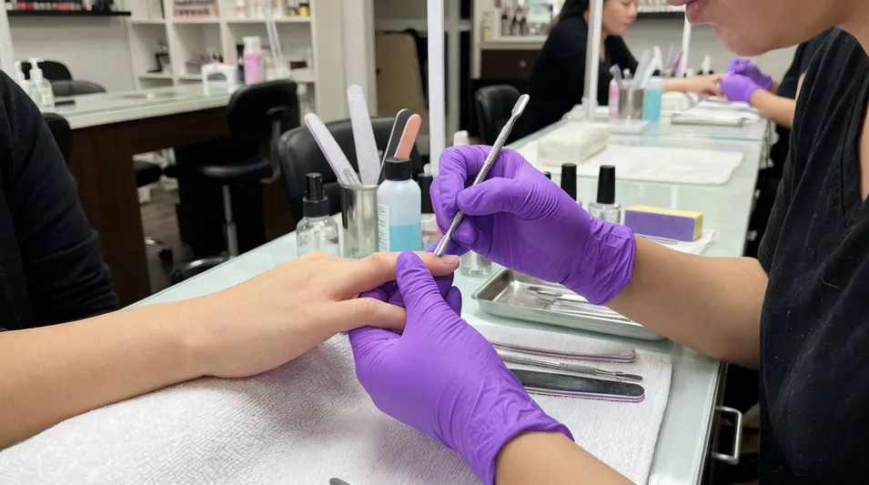 Violet nitrile gloves used in nail salon and aesthetics supply context