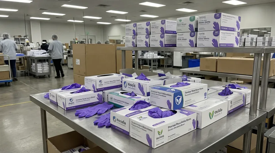 OEM and private-label violet nitrile glove packaging for branded professional services