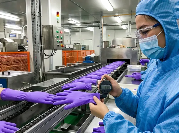 In-process QC thickness measurement on violet nitrile gloves production line