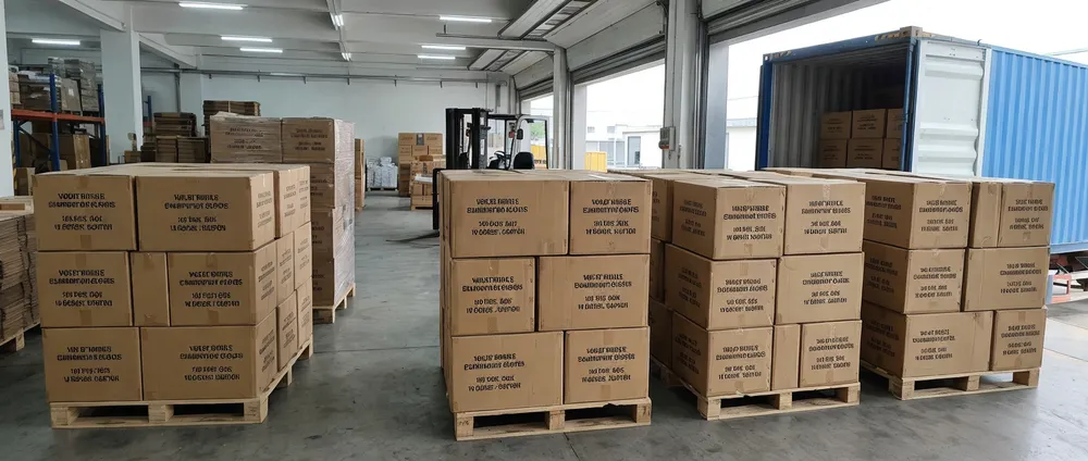 Violet nitrile gloves packed in cartons ready for 40HQ container export