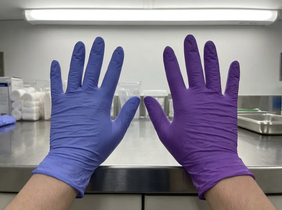 Violet nitrile gloves compared to purple under clinic lighting — showing the blue-shifted color difference
