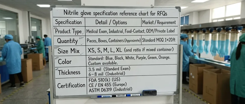 Nitrile glove specification reference chart