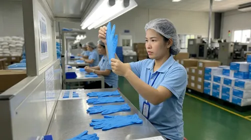 Nitrile glove quality inspection at glovemfg factory